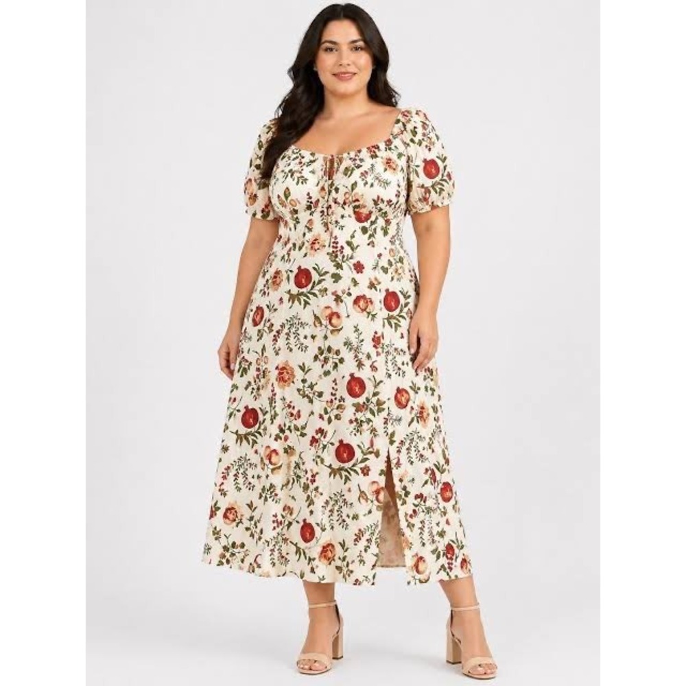 Cider Fruit Print Square Neck Puff Sleeve Midi Milkmaid plus dress size 1XL